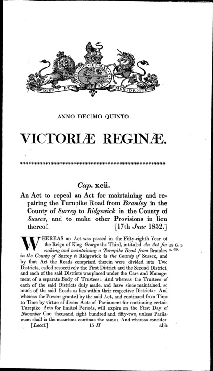 Bramley and Ridgewick Turnpike Road Act 1852