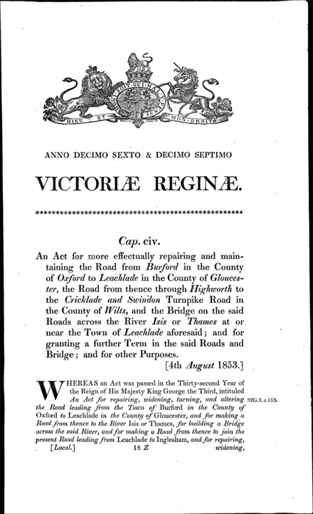 Burford, Lechlade and Swindon Turnpike Roads Act 1853