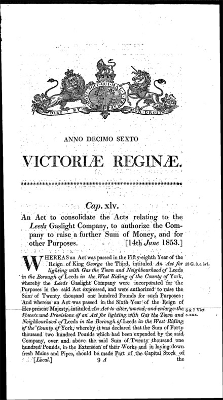 Leeds Gaslight Company's Act 1853