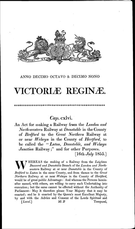 Luton, Dunstable and Welwyn Junction Railway Act 1855