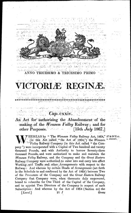 Wensum Valley Railway Abandonment Act 1867