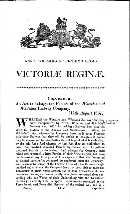 Waterloo and Whitehall Railway (Amendment) Act 1867