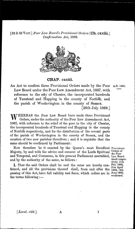 Poor Law Board's Provisional Orders Confirmation Act 1869