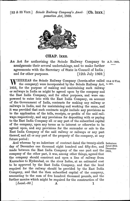Scinde Railway Company's Amalgamation Act 1869
