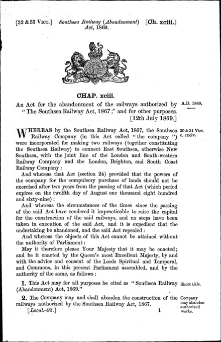 Southsea Railway (Abandonment) Act 1869