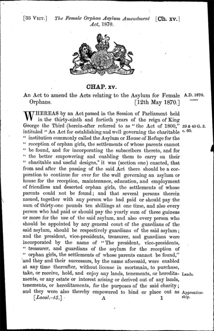 Female Orphan Asylum Amendment Act 1870