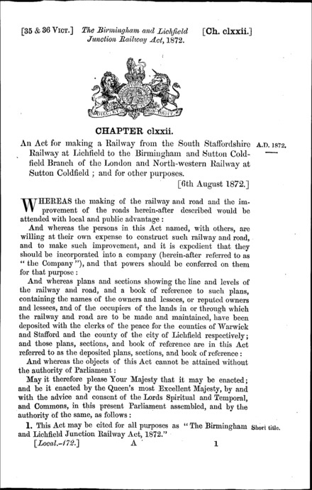 Birmingham and Lichfield Junction Railway Act 1872