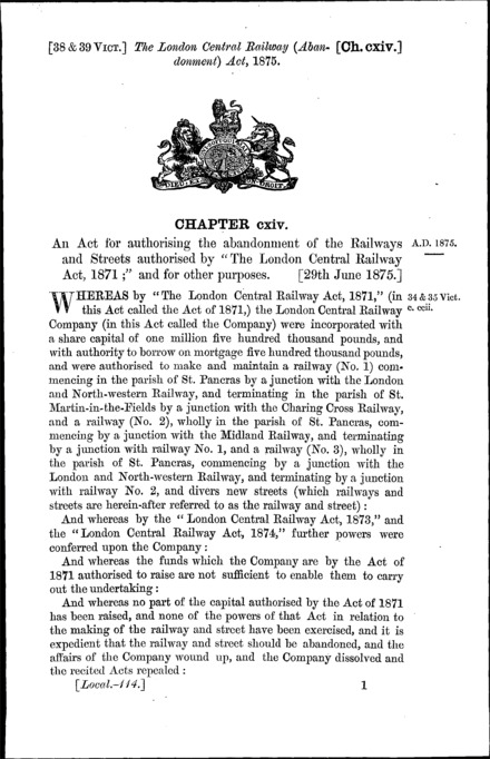 London Central Railway (Abandonment) Act 1875