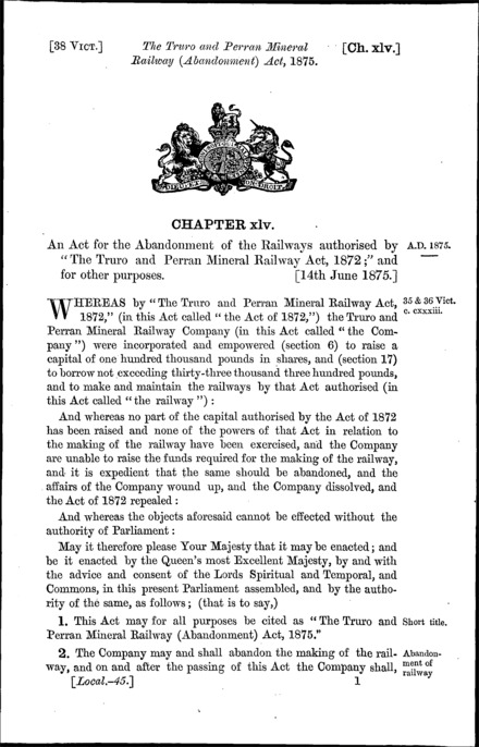 Truro and Perran Mineral Railway (Abandonment) Act 1875