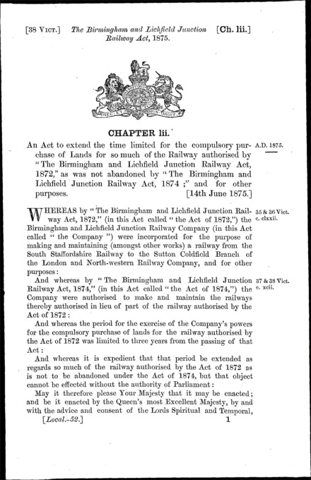 Birmingham and Lichfield Junction Railway Act 1875