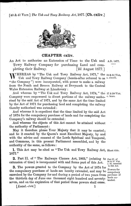 Usk and Towy Railway Act 1877