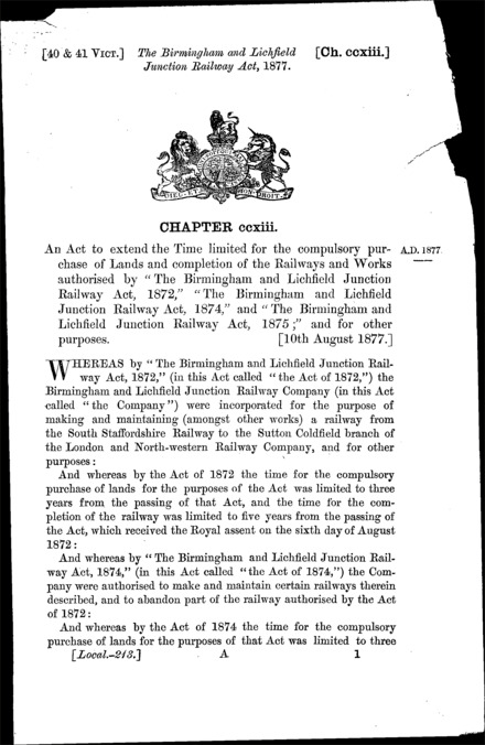 Birmingham and Lichfield Junction Railway Act 1877