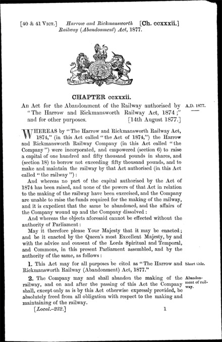 Harrow and Rickmansworth Railway (Abandonment) Act 1877