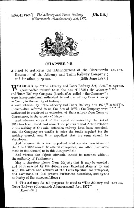 Athenry and Tuam Railway (Claremorris Abandonment) Act 1877