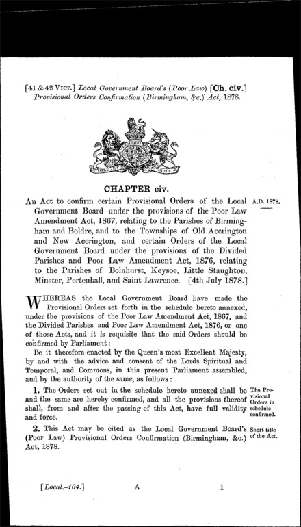 Local Government Board's (Poor Law) Provisional Orders Confirmation (Birmingham, &c.) Act 1878