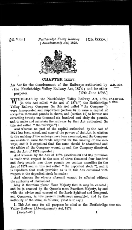 Nettlebridge Valley Railway (Abandonment) Act 1878