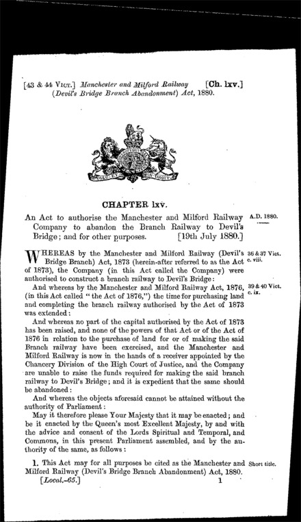 Manchester and Milford Railway (Devil's Bridge Branch Abandonment) Act 1880
