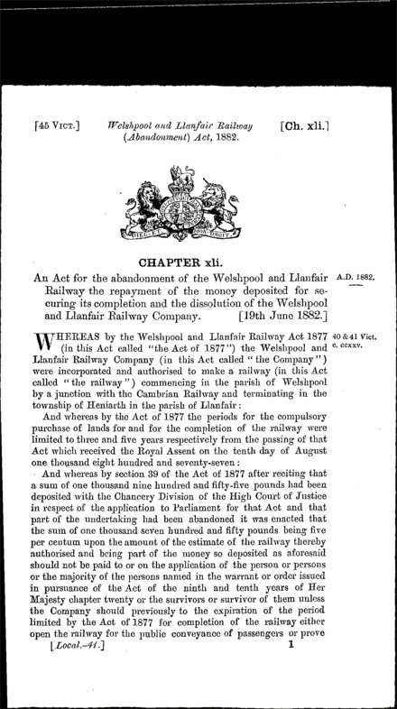 Welshpool and Llanfair Railway (Abandonment) Act 1882