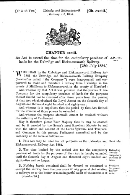 Uxbridge and Rickmansworth Railway Act 1884