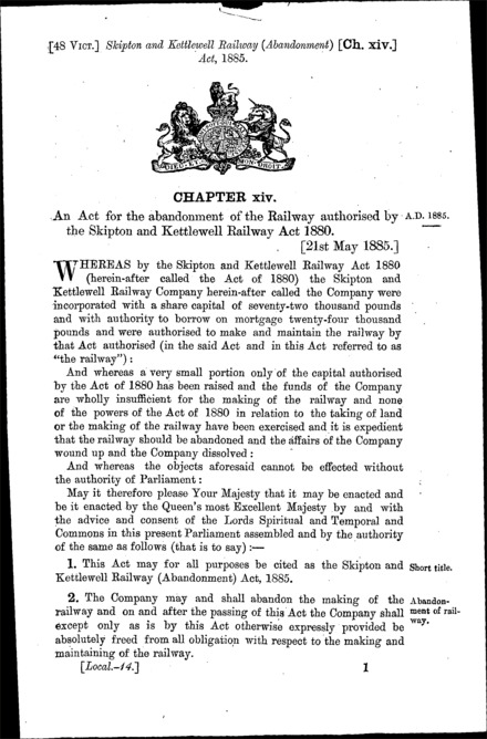 Skipton and Kettlewell Railway (Abandonment) Act 1885