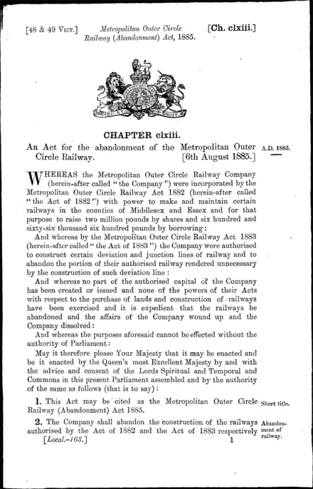Metropolitan Outer Circle Railway (Abandonment) Act 1885