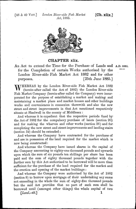 London Riverside Fish Market Act 1885