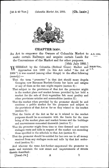 Columbia Market Act 1885