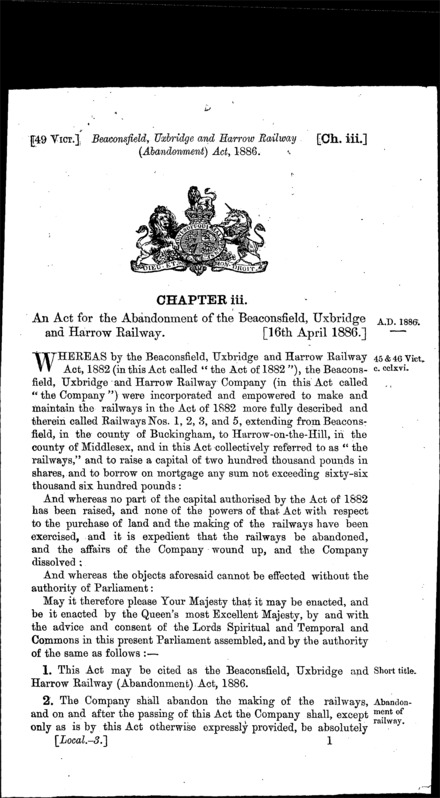 Beaconsfield, Uxbridge and Harrow Railway (Abandonment) Act 1886