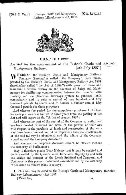 Bishop's Castle and Montgomery Railway (Abandonment) Act 1887