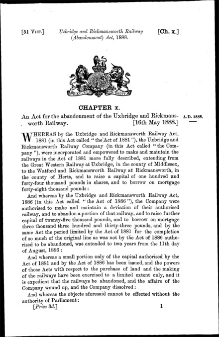 Uxbridge and Rickmansworth Railway (Abandonment) Act 1888