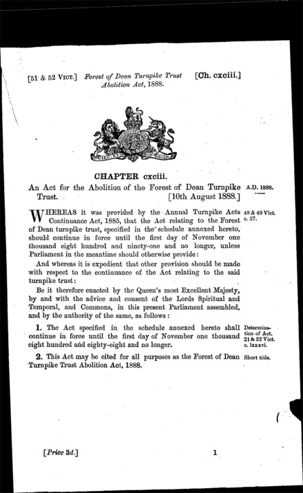Forest of Dean Turnpike Trust Abolition Act 1888