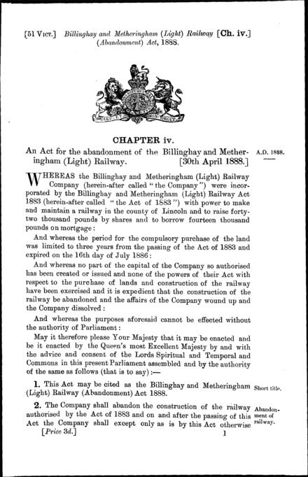 Billinghay and Metheringham (Light) Railway (Abandonment) Act 1888
