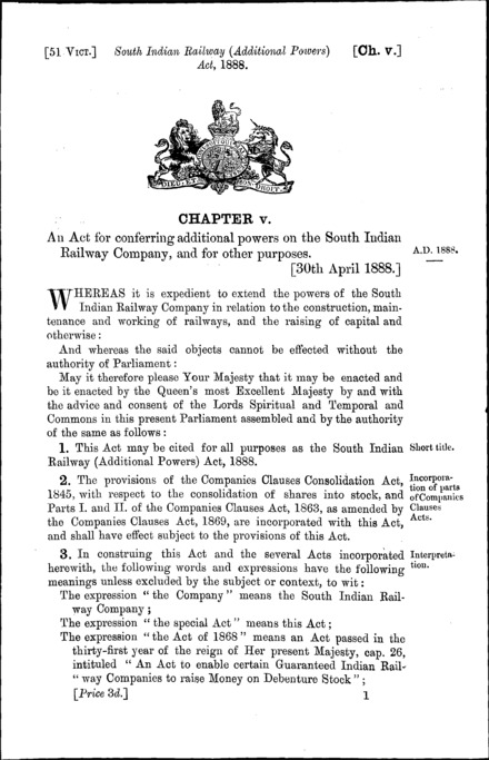 South Indian Railway (Additional Powers) Act 1888