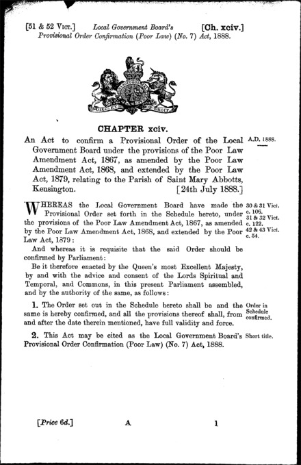 Local Government Board's Provisional Order Confirmation (Poor Law) (No. 7) Act 1888