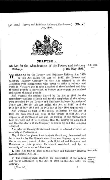 Pewsey and Salisbury Railway (Abandonment) Act 1891