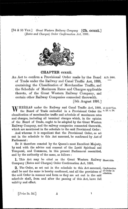 Great Western Railway Company (Rates and Charges) Order Confirmation Act 1891