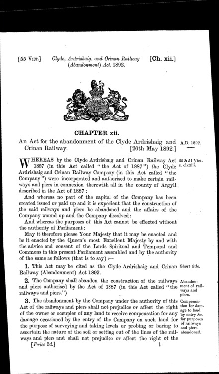 Clyde, Ardrishaig and Crinan Railway (Abandonment) Act 1892