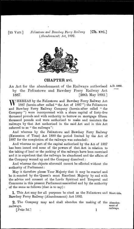 Felixstowe and Bawdsey Ferry Railway (Abandonment) Act 1892