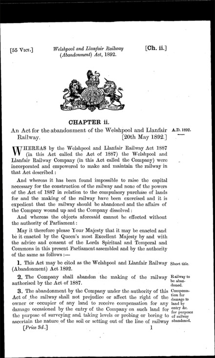 Welshpool and Llanfair Railway (Abandonment) Act 1892