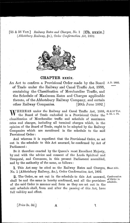 Railway Rates and Charges, No. 1 (Abbotsbury Railway, &c.) Order Confirmation Act 1892