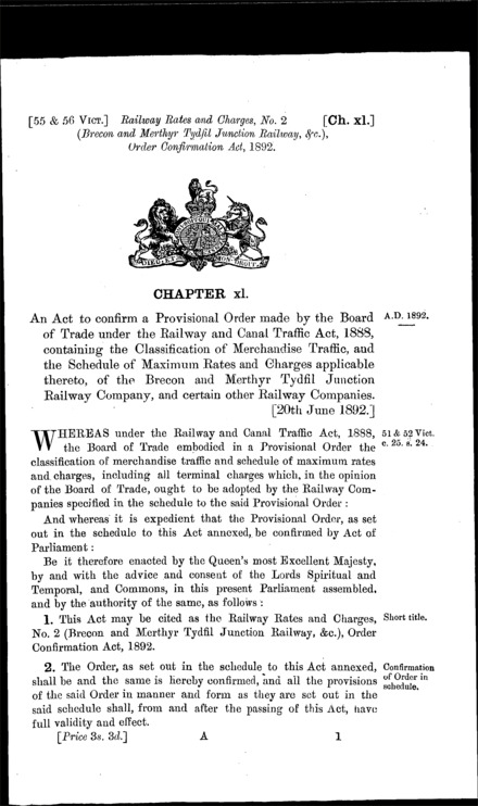 Railway Rates and Charges, No. 2 (Brecon and Merthyr Tydfil Junction Railway, &c.) Order Confirmation Act 1892