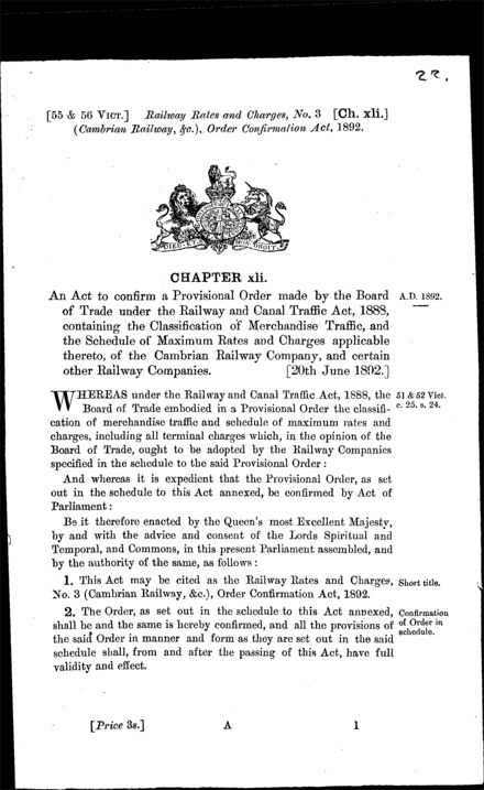 Railway Rates and Charges, No. 3 (Cambrian Railway, &c.) Order Confirmation Act 1892