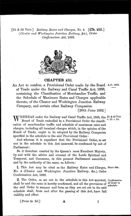 Railway Rates and Charges, No. 4 (Cleator and Workington Junction Railway, &c.) Order Confirmation Act 1892