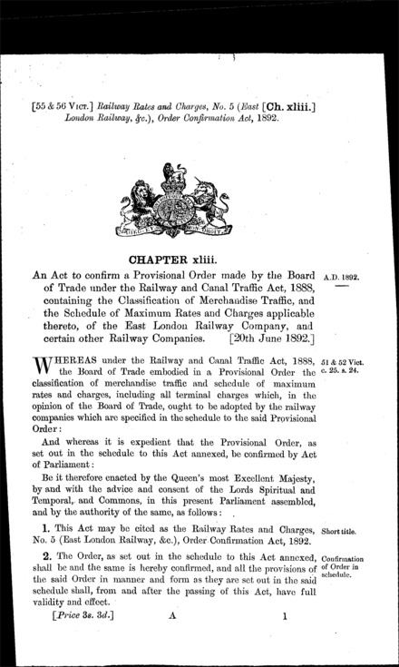 Railway Rates and Charges, No. 5 (East London Railway, &c.) Order Confirmation Act 1892