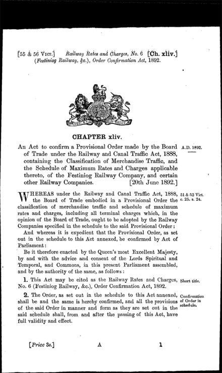 Railway Rates and Charges, No. 6 (Festiniog Railway, &c.) Order Confirmation Act 1892