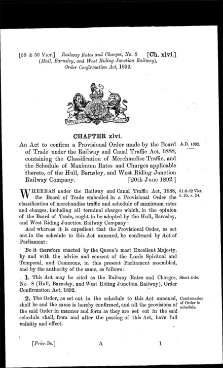 Railway Rates and Charges, No. 8 (Hull, Barnsley and West Riding Junction Railway) Order Confirmation Act 1892