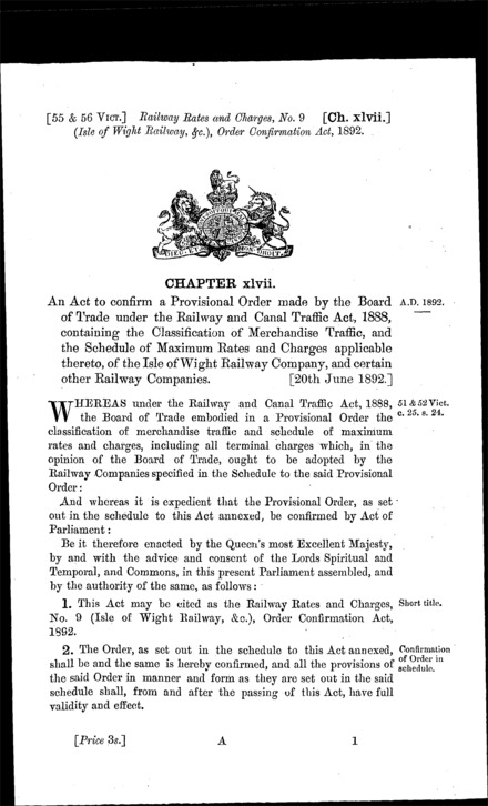 Railway Rates and Charges, No. 9 (Isle of Wight Railway, &c.) Order Confirmation Act 1892