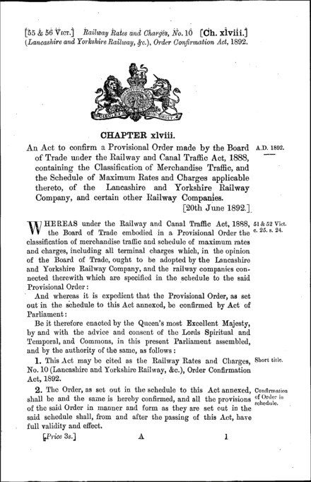 Railway Rates and Charges, No. 10 (Lancashire and Yorkshire Railway, &c.) Order Confirmation Act 1892