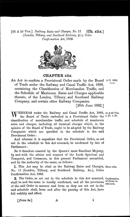 Railway Rates and Charges, No. 11 (London, Tilbury and Southend Railway, &c.) Order Confirmation Act 1892