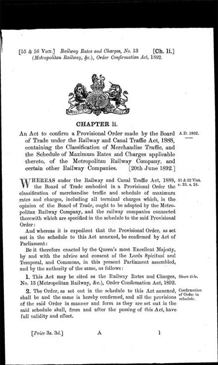 Railway Rates and Charges, No. 13 (Metropolitan Railway, &c.) Order Confirmation Act 1892